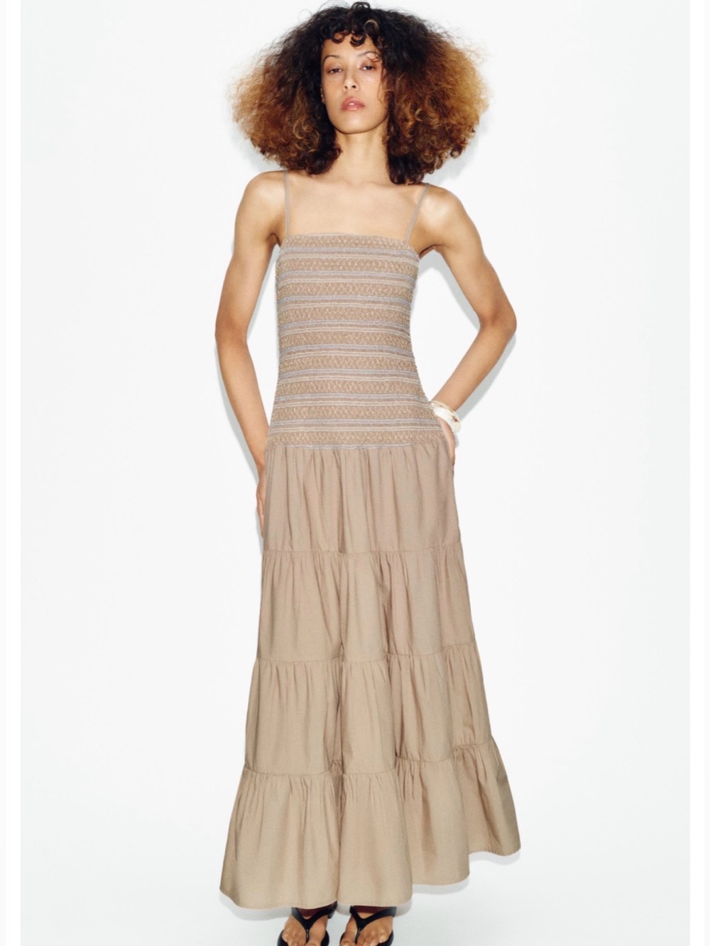 Zara Neutral Taupe beige Smocked Tiered Maxi Dress size small